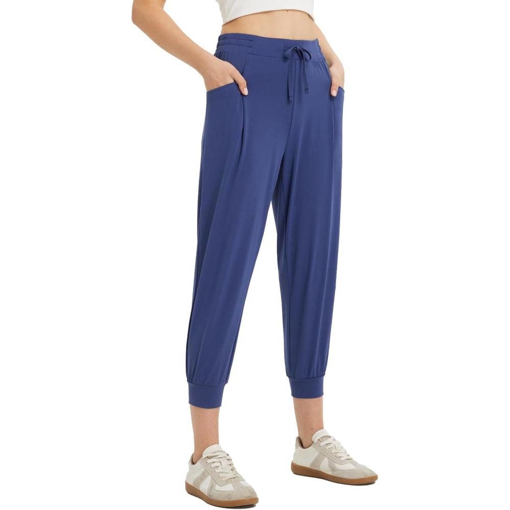 imagebaleaf Womens Petite Joggers Capri Sweatpants Drawstring Track Pants Travel Lounge Cropped Pants with PocketsNavy Blue