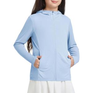 imagebaleaf Girls UPF 50 Rash Guard Sun Jacket Hoodie SPF UV Protection Full Zip Swim Shirts Long Sleeve for KidsLight Blue