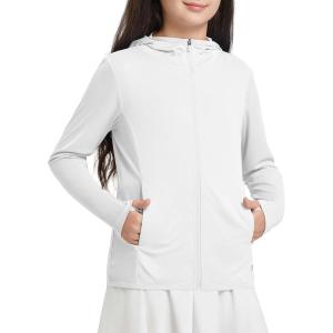 imagebaleaf Girls UPF 50 Rash Guard Sun Jacket Hoodie SPF UV Protection Full Zip Swim Shirts Long Sleeve for KidsWhite