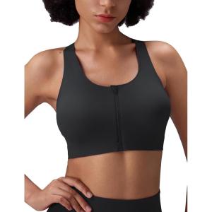 imagebaleaf Sweatleaf Womens Zip Front Closure Sports Bras Racerback Padded High Impact Yoga Workout Running BraBlack
