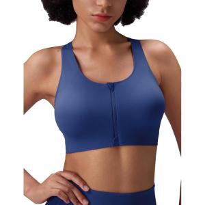 imagebaleaf Sweatleaf Womens Zip Front Closure Sports Bras Racerback Padded High Impact Yoga Workout Running BraNavy Blue