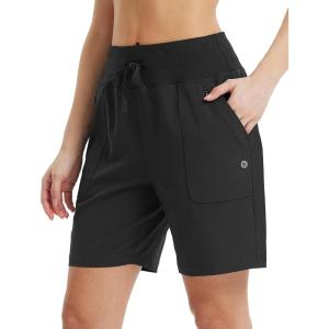 imagebaleaf Womens 7quot Athletic Running Shorts Long Workout Shorts High Waisted Quick Dry 4 Zipper Pockets UPF50Black