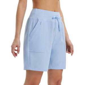imagebaleaf Womens 7quot Athletic Running Shorts Long Workout Shorts High Waisted Quick Dry 4 Zipper Pockets UPF50Light Blue