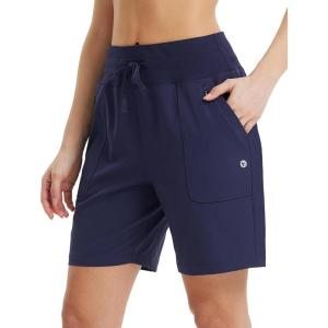 imagebaleaf Womens 7quot Athletic Running Shorts Long Workout Shorts High Waisted Quick Dry 4 Zipper Pockets UPF50Navy Blue