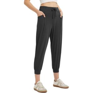 imagebaleaf Womens Petite Joggers Capri Sweatpants Drawstring Track Pants Travel Lounge Cropped Pants with PocketsBlack