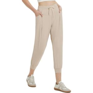 imagebaleaf Womens Petite Joggers Capri Sweatpants Drawstring Track Pants Travel Lounge Cropped Pants with PocketsKhaki