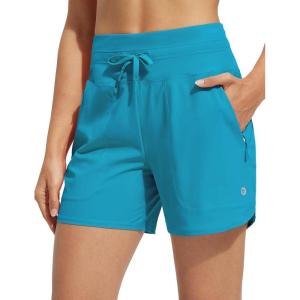 imagebaleaf Womens 5quot Swim Board Shorts High Waisted Quick Dry UPF 50 Swimsuit Swimming Bottoms with Boxer Liner Zipper PocketsAqua Blue