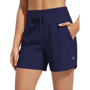 imagebaleaf Womens 5quot Swim Board Shorts High Waisted Quick Dry UPF 50 Swimsuit Swimming Bottoms with Boxer Liner Zipper PocketsNavy Blue