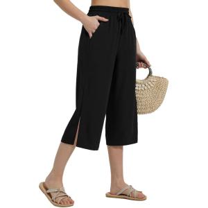 imagebaleaf Womens Quick Dry Swim Pants 2025 Wide Leg Beach Pants UPF50 Lightweight Swim Capris with Zipper PocketsBlack