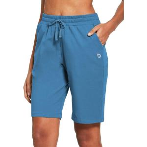 imagebaleaf Womens Cotton Bermuda Long Shorts 10quot Knee Length Loose Drawstring Waist Sweat Shorts with Pockets Casual SummerCopen Blue10 Inseam