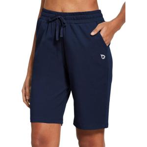 imagebaleaf Womens Cotton Bermuda Long Shorts 10quot Knee Length Loose Drawstring Waist Sweat Shorts with Pockets Casual SummerNavy Blue10 Inseam
