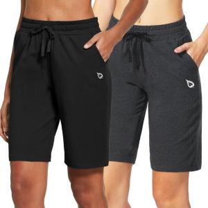imagebaleaf Womens Cotton Bermuda Long Shorts 10quot Knee Length Loose Drawstring Waist Sweat Shorts with Pockets Casual SummerPack Blackcharcoal