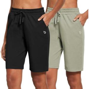 imagebaleaf Womens Cotton Bermuda Long Shorts 10quot Knee Length Loose Drawstring Waist Sweat Shorts with Pockets Casual SummerPack Blackgreen
