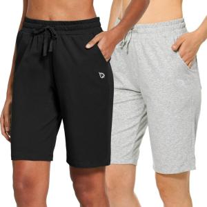 imagebaleaf Womens Cotton Bermuda Long Shorts 10quot Knee Length Loose Drawstring Waist Sweat Shorts with Pockets Casual SummerPack Blackgrey