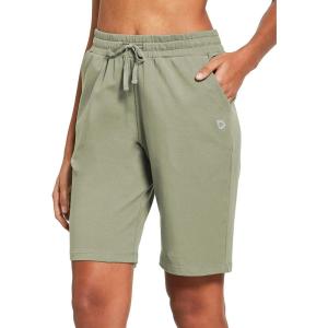 imagebaleaf Womens Cotton Bermuda Long Shorts 10quot Knee Length Loose Drawstring Waist Sweat Shorts with Pockets Casual SummerSpray Green10 Inseam
