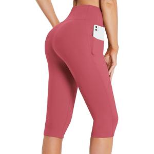 imagebaleaf Womens Capri Leggings with Pockets High Waisted Knee Length Capris Stretch for Casual Yoga Pants Workout ExerciseRose Wine