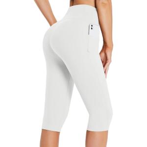 imagebaleaf Womens Capri Leggings with Pockets High Waisted Knee Length Capris Stretch for Casual Yoga Pants Workout ExerciseWhite