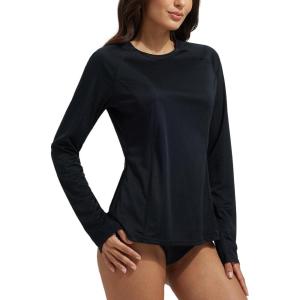 imagebaleaf Womens Long Sleeve Rash Guard Sun Protection Swim Shirts Swimsuit Top for Woman with Zipper Pocket ThumbholeBlack
