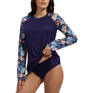 imagebaleaf Womens Long Sleeve Rash Guard Sun Protection Swim Shirts Swimsuit Top for Woman with Zipper Pocket ThumbholeNavyFloral