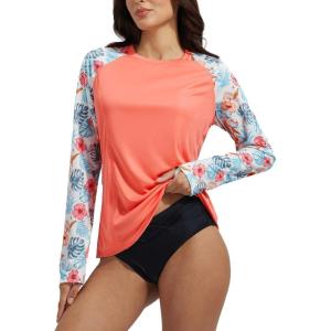 imagebaleaf Womens Long Sleeve Rash Guard Sun Protection Swim Shirts Swimsuit Top for Woman with Zipper Pocket ThumbholePinkFloral
