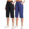 imagebaleaf Womens 15quot17quot Cotton Long Shorts Below The Knee with Pockets Drawstring Walking Bermuda Shorts Yoga Capri Pants2 PackblackBlue