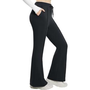 imagebaleaf Womens Fleece Lined Flare Sweatpants with Pockets Ladies Sweat Pants Drawstring Bootcut Bell Bottom DanceBlack