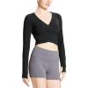 imagebaleaf Womens Long Sleeve Crop Top for Workout Yoga Wrap Tops V Neck Slim Fit Shirts with Thumb HolesBlack