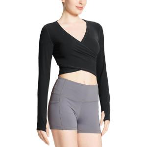 imagebaleaf Womens Long Sleeve Crop Top for Workout Yoga Wrap Tops V Neck Slim Fit Shirts with Thumb HolesBlack