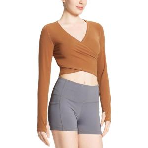 imagebaleaf Womens Long Sleeve Crop Top for Workout Yoga Wrap Tops V Neck Slim Fit Shirts with Thumb HolesCaramel