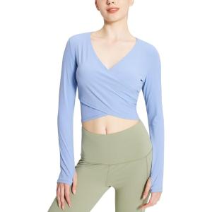 imagebaleaf Womens Long Sleeve Crop Top for Workout Yoga Wrap Tops V Neck Slim Fit Shirts with Thumb HolesSwallowtail Blue