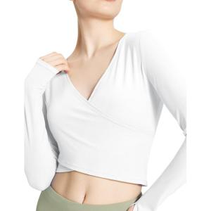 imagebaleaf Womens Long Sleeve Crop Top for Workout Yoga Wrap Tops V Neck Slim Fit Shirts with Thumb HolesWhite