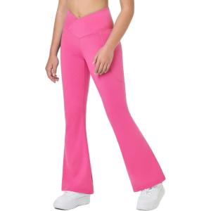 imageBALEAF Girls Flare Leggings Cross High Waisted Bootcut Yoga Dance Pants Kids Bell Bottoms Leggings with PocketsHot Pink
