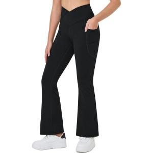 imagebaleaf Girls Flare Leggings Cross High Waisted Bootcut Yoga Dance Pants Kids Bell Bottoms Leggings with PocketsBlack