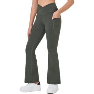 imagebaleaf Girls Flare Leggings Cross High Waisted Bootcut Yoga Dance Pants Kids Bell Bottoms Leggings with PocketsGreen