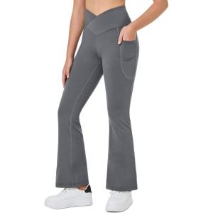 imagebaleaf Girls Flare Leggings Cross High Waisted Bootcut Yoga Dance Pants Kids Bell Bottoms Leggings with PocketsGrey