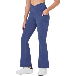 imagebaleaf Girls Flare Leggings Cross High Waisted Bootcut Yoga Dance Pants Kids Bell Bottoms Leggings with PocketsNavy Blue