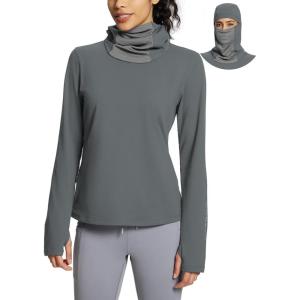 imageBALEAF Thermal Long Sleeve Women Shirts Winter Clothes Cowl Neck Warm Fleece Base Layer Tops with Balaclava and ThumbholesDark Grey
