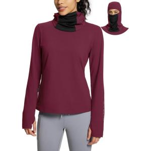 imageBALEAF Thermal Long Sleeve Women Shirts Winter Clothes Cowl Neck Warm Fleece Base Layer Tops with Balaclava and ThumbholesWine
