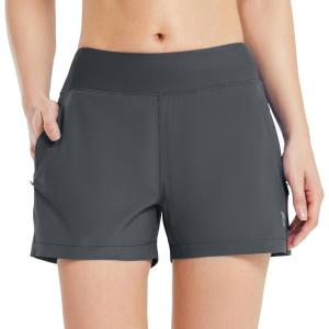 imageBALEAF Womens 3 5quot Quick Dry High Waisted Swim Board Shorts UPF 50 Swimsuit Bottom Trunks with LinerDark Grey
