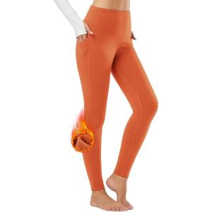 imageBALEAF Womens Fleece Lined Leggings Thermal Warm Winter Tights High Waisted Yoga Pants Cold Weather with PocketsOrange