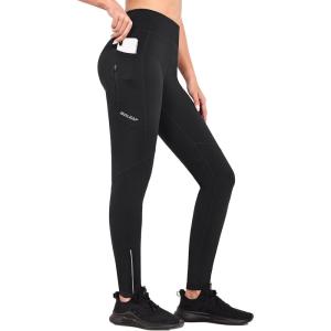 imagebaleaf Womens Fleece Lined Leggings Water Resistant Winter Clothes Running Tights Cold Weather Hiking Pants Zip PocketsAblack
