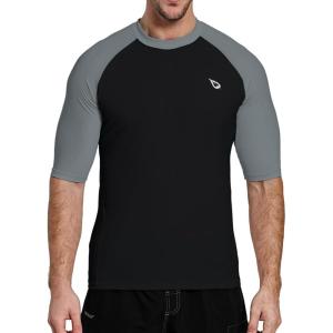 imageBALEAF Mens Rash Guard Short Sleeve Swim Shirt UPF 50 Sun Protection Quick Dry Compression Shirt RashguardGreyBlack