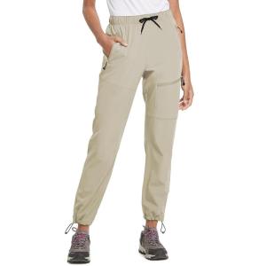 imageBALEAF Womens Hiking Pants Quick Dry Lightweight Water Resistant Elastic Waist Cargo Pants for All SeasonsSuntan Tall 31