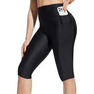 imageBALEAF Womens 14quot High Waisted Swim Capris Long Swim Shorts Knee Length UPF50 Swimsuit with Liner and PocketsBlack