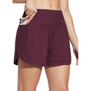 imageBALEAF Womens 4quot High Waisted Swim Shorts Quick Dry Board Shorts UPF50 Swimsuit with Liner and PocketsWine Red