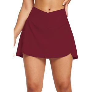 imagebaleaf Womens Swim Skirt Bottoms High Waisted Pleated Skorts Boxer Liner with Pockets SwimsuitsWine Red