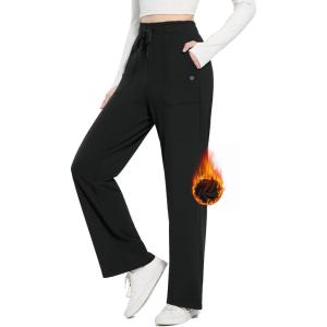 imageBALEAF Fleece Lined Thermal Pants Women Sweatpants Wide Leg Water Resistant Casual Lounge with Pockets Yoga WorkoutBlack