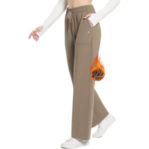 imageBALEAF Fleece Lined Thermal Pants Women Sweatpants Wide Leg Water Resistant Casual Lounge with Pockets Yoga WorkoutBrown