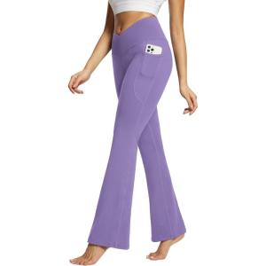 imageBALEAF Womens Flare Leggings Trendy Crossover Yoga Pants High Waist Casual Workout Bell Bottom Leggings with PocketsPurple