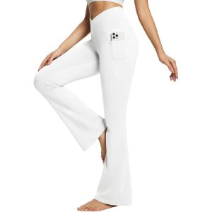 imageBALEAF Womens Flare Leggings Trendy Crossover Yoga Pants High Waist Casual Workout Bell Bottom Leggings with PocketsWhite